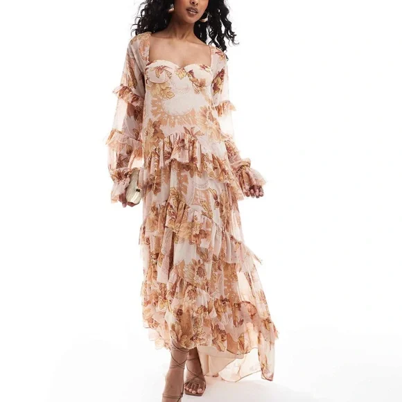 ASOS Design ruffle off shoulder corset detail tiered maxi dress with hi low hem in brown floral print-Multi ASOS Design ruffle off shoulder corset detail tiered maxi dress with hi low hem in brown floral print-Multi